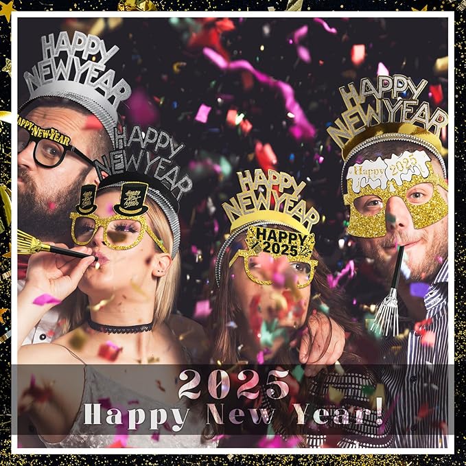 144 Pcs 2025 New Years Eve Party Supplies Include Happy New Year Headband Glasses Long Short Fringed Noise Makers for Holiday Party Favor Gift Accessories Adult