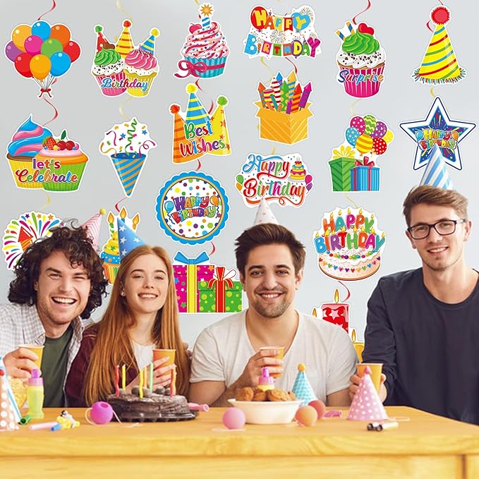40Pcs Birthday Hanging Swirl Decorations, Colorful Cupcake Balloons Hat Sign Swirl Decor Happy Birthday Hanging Ornaments for Boy Girl Kid Party Supplies