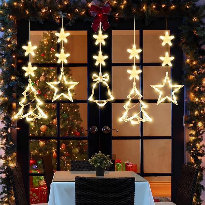 [Timer 3Pcs Christmas Window Lights Decorations,Battery Powered Christmas Hanging Warm White Lighted Tree Bell Star Shaped LED Sucker for Xmas Tree Fireplace Indoor Outdoor Decor
