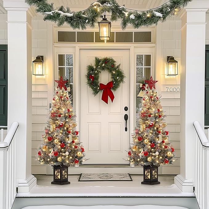 GarveeHome 4.5ft Prelit Christmas Trees with 200 Warm Lights & 20 Clusters Red Berry, Artificial Potted Xmas Tree with 8 Light-Modes, Snowflake Base, Holiday Decor, 1 PCS