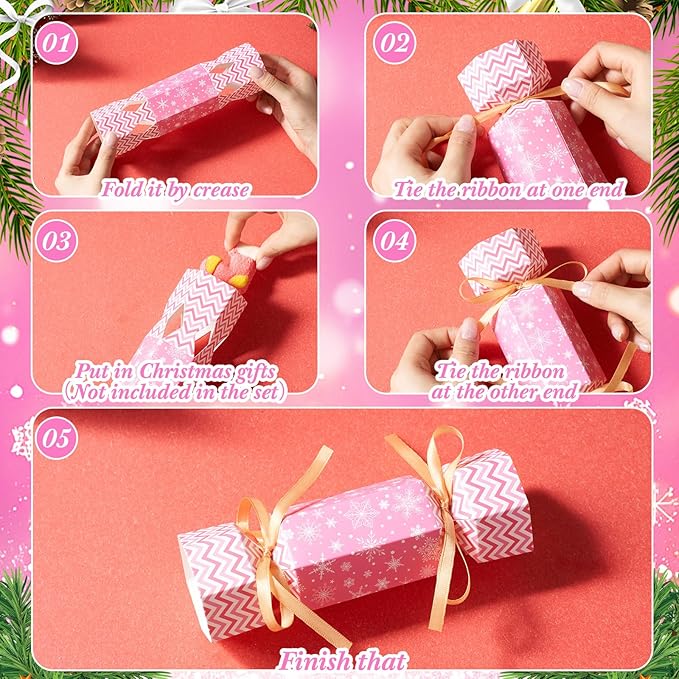 Xinnun 50 Packs Christmas Cracker Kit No Snap Xmas Party Table Favors Snowflake Reindeer DIY Christmas Party Cracker Candy Boxes for Holiday Dinner Decoration Gift(Pink Style)