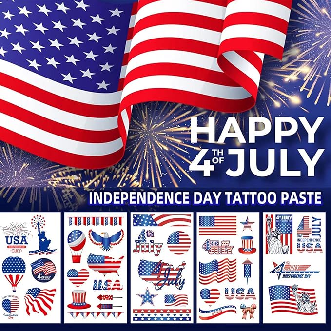 4th of July Temporary Tattoos Kids Adults, 90pcs American Flag Red White Blue Fake Tattoo Stickers, Independence Day Fourth of July Body Art USA National Memorial Decorations for Labor Day Party