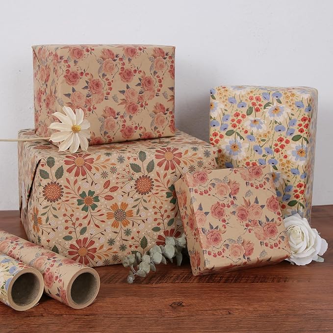 Aimyoo Kraft Floral Wrapping Paper Bundle, Vintage Spring Flowers Rose Gift Wrap Paper for Wedding Bridal Shower Birthday, 3 Rolls 17 in x 10 ft per Roll