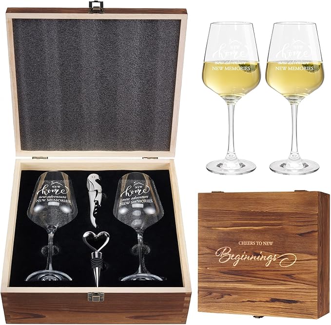 AW BRIDAL House Warming Gifts New Home Wine Glasses Sets, 2025 Closing Gifts for Home Buyers and Homeowner, New Apartment Gift Basket for Couple, First House Gift with Wooden Keepsake Box