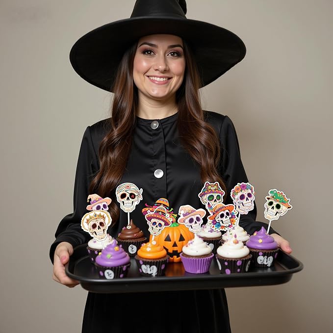 48PCS Halloween Skull Cup Cake Topper, 8 Design Paper Cake Gillter for Horror Theme Party,Birthday Bupcake Topper for Halloween Party Decoration