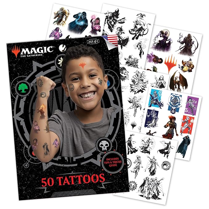 Savvi - 50 Magic the Gathering Temporary Tattoos: Skin-Safe Ink, Great for Birthday Parties, Gifts for Boys and Girls Ages 4-12+, Made in the USA [6 sheets, 50 count]