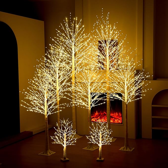 Baquler 8 Pack Lighted Birch Tree - Large Christmas Warm-White LED 8 Mode Light Birch Tree Decoration Set for Thanksgiving Holiday Fall Winter Party Decor, Indoor & Outdoor (2 4 6 8 ft)