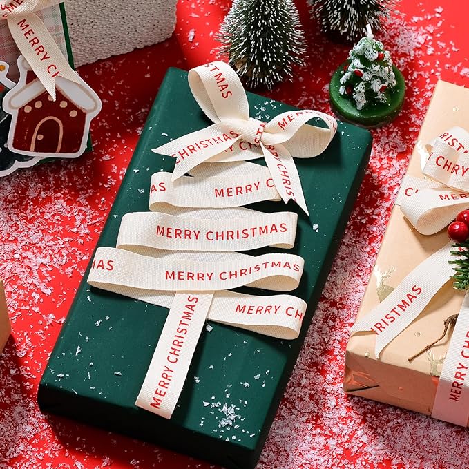 Ribest Merry Christmas Ribbon, 5/8 Inch × 10 Yards, Christmas Cotton Natural Ribbon for Gift Wrapping Crafts Bows Home Decor