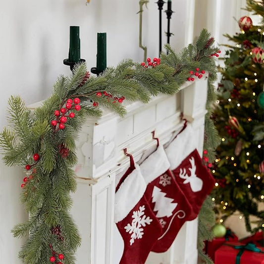 RECUTMS 4.6ft Christmas Garlands Christmas Decorations Pine Garland with Pine Cones and Red Berries Holiday Garland for Indoor Tabletop and Stair Railing Xmas Decorations Elegant Holiday Décor（Green）