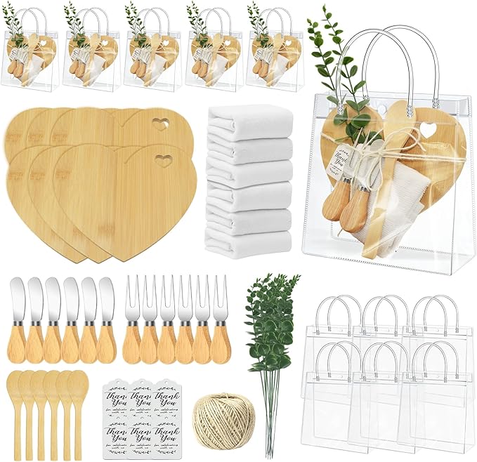 AZEAM 55Pcs Baby Shower Prizes for Game Winners, Bridal Shower Prizes with 6 Sets Heart Cheese Board Spoon Fork Butter Knife Towel Card Plastic Bag Branch, Wedding Shower Favors for Guests