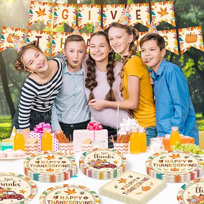 140pcs Thanksgiving Party Decorations Happy Fall Maple Leaves Plates and Napkins Tableware Set for Fall Harvest Thanksgiving Birthday Halloween Party Decorations