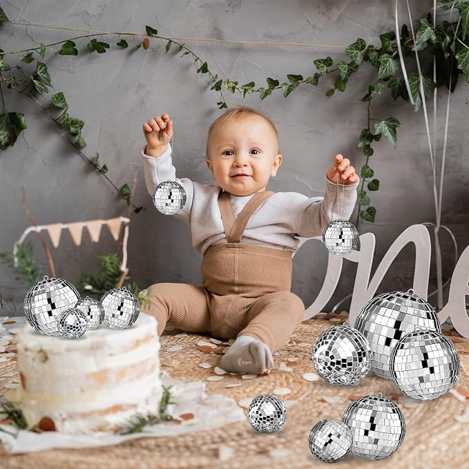 Funtery 100 Pcs Mirror Disco Balls Bulk Assorted Silver Hanging Disco Ball Decor for Home Wedding Birthday Dance Music 70 S Theme Party Christmas Tree Ornaments(1, 2, 3, 4, 6, 8)