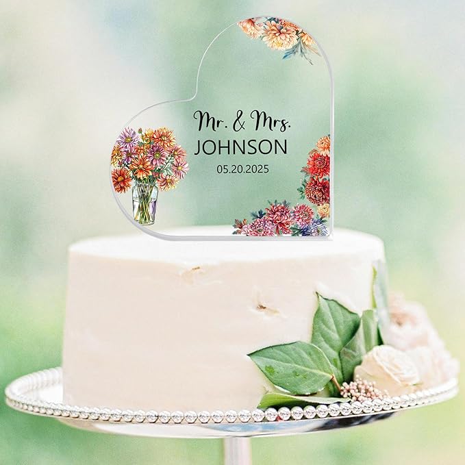 Custom Wedding Heart Acrylic Plaque,Mr & Mrs Cake Topper,Personalized Wedding Keepsake/Gift/Sign (Style 6)