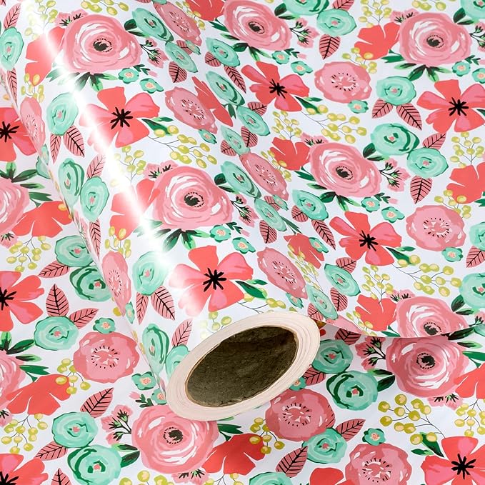WRAPAHOLIC Reversible Floral Wrapping Paper - Mini Roll - 17 Inch X 33 Feet - Peach Pink Floral Design for Birthday, Mother's Day, Wedding, Baby Shower