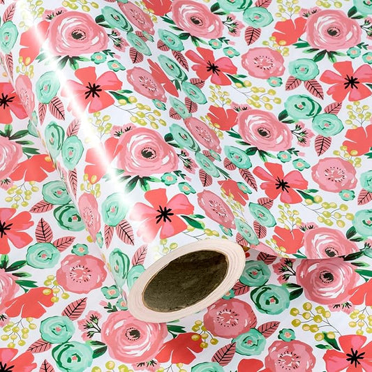 WRAPAHOLIC Reversible Floral Wrapping Paper - Mini Roll - 17 Inch X 33 Feet - Peach Pink Floral Design for Birthday, Mother's Day, Wedding, Baby Shower