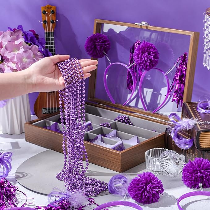 50 Pcs Purple Holiday Team Spirit Party Accessories Pom Pom Party Headbands Star Shape Sunglasses Bead Necklaces Stuff Favors for Birthday Wedding Supplies(Classic)