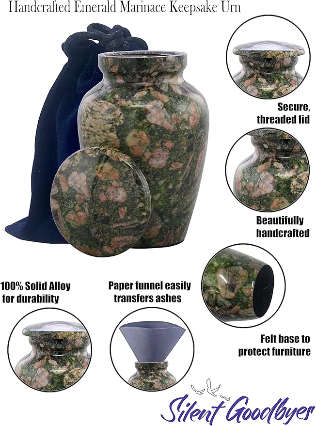 Small Keepsake Cremation Urns for Human Ashes - Marble Finish Metal Keepsake Urn - Mini Cremation Urn for Pet Ashes - Handcrafted Memorial Urn - Funeral Urns with Velvet Bag (Emerald Marinace)
