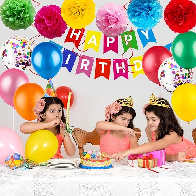 Colorful Party Decorations Kit - Happy Birthday Banner, Spiral Charm, Paper Flower Ball, Latex Balloons and Confetti Balloons for Boys and Girls Party Supplies