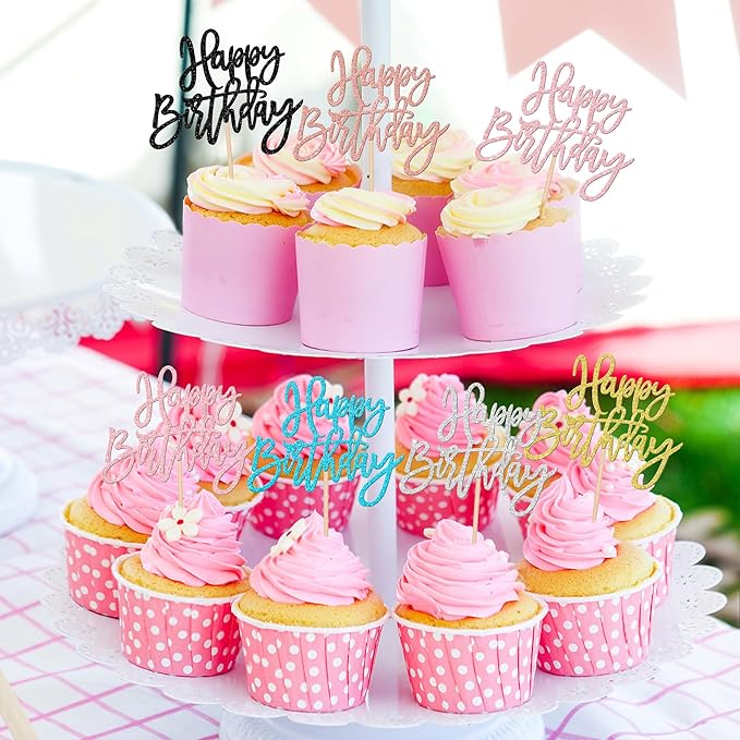 24 PCS Glitter Cupcake Toppers - Happy Birthday & Anniversary Picks - Multi 6 Colors