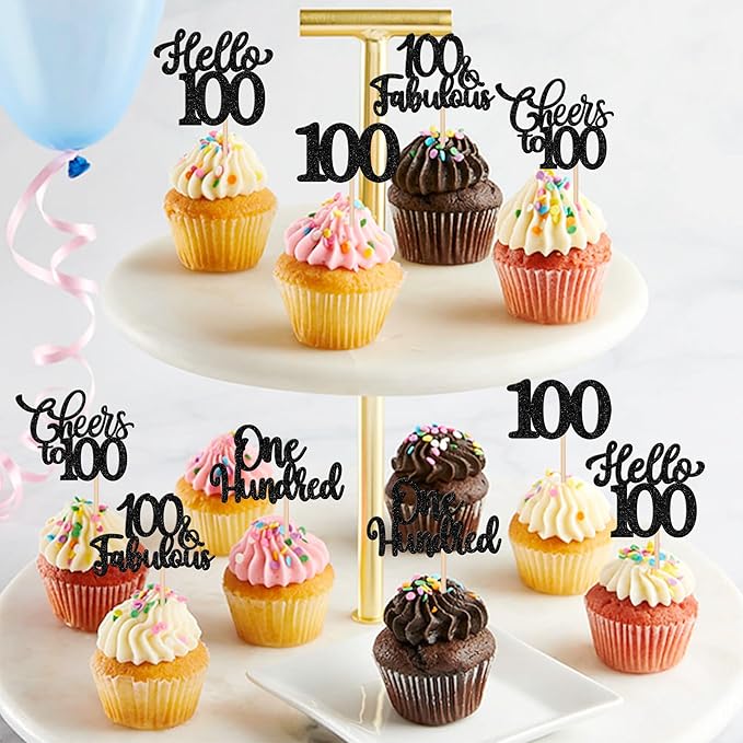30PCS Happy 100th Birthday Cupcake Toppers One Hundred Cheers to 100 Years Birthday Cupcake Picks Hello 100 Fabulous Cake Decorations for Happy 100th Birthday Anniversary Party Supplies Black
