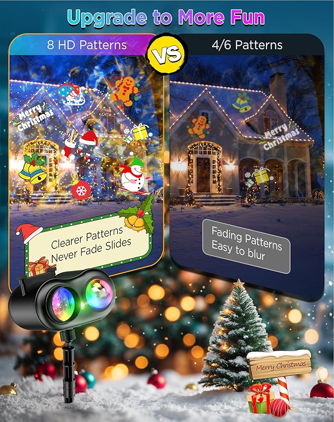 Christmas Projector Lights Outdoor Waterproof, 10 Slides x 8 Bright HD Patterns, Firefly & Ocean Wave Effects, Timer Snowflake Light Projector for House Yard Xmas New Year Valentine’s Thanksgiving