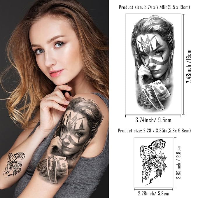 Yazhiji Waterproof Temporary Tattoos For Adult, Chicano Large Fake Tattoo Guadalupe Gangster Prisoner Day of the Dead, Lowrider Style Culture Mexico Clown 77 sheets Tattoo Stickers for Men Women
