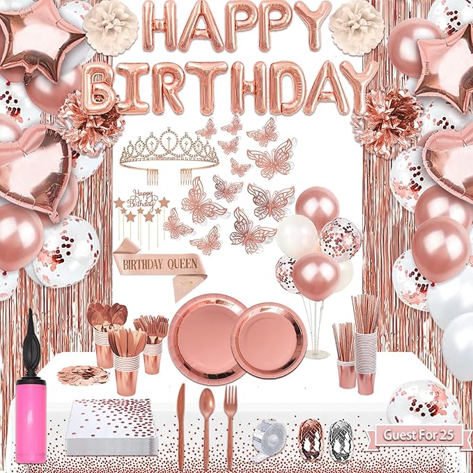 285 Pcs Rose Gold Party Decorations, Birthday Decorations For Women Or Girl - Knives, Forks and Spoons, Tiara, Butterfly, Sash, Paper Pom Poms, Balloon Stand, Tableware For 25 Guests