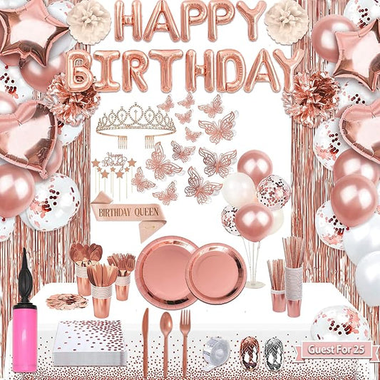 285 Pcs Rose Gold Party Decorations, Birthday Decorations For Women Or Girl - Knives, Forks and Spoons, Tiara, Butterfly, Sash, Paper Pom Poms, Balloon Stand, Tableware For 25 Guests