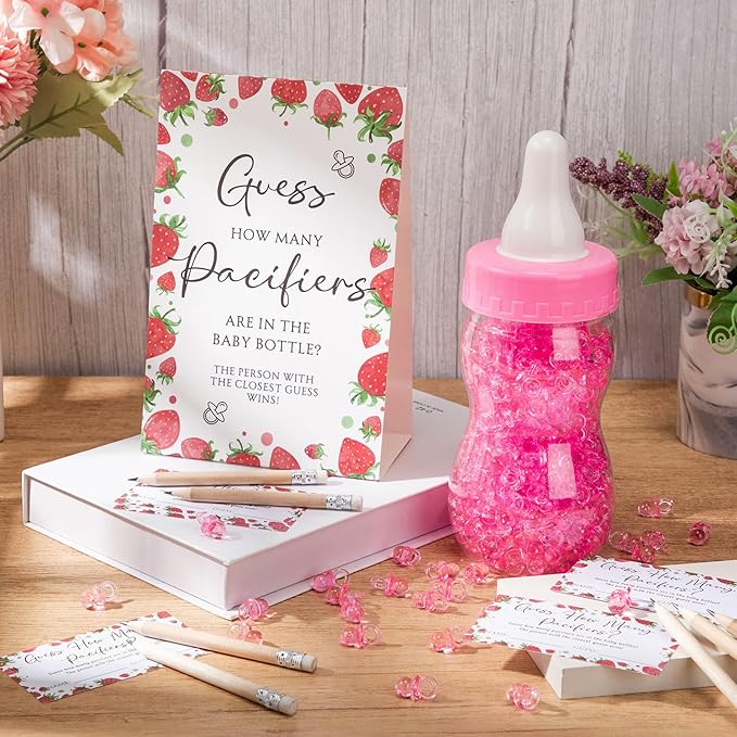 Roowest 512 Pcs Baby Shower Games Guess How Many Pacifiers Sign 100 Small Guessing Games 10 HB Pencils 750ml Milk Bottle 400 Acrylic Pacifiers Decoration for Guest Gender Reveal (Pink,Strawberry)