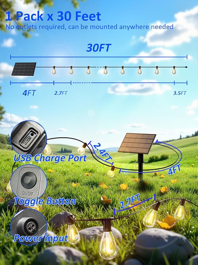 luckystyle 29FT Solar String Lights Outdoor Waterproof with 10+1 LED Bulbs Long Last for 20+Hrs, Commercial Grade Shatterproof USB Patio Solar Powered Lights for Camping，Backyard, Garden, Porch Decor