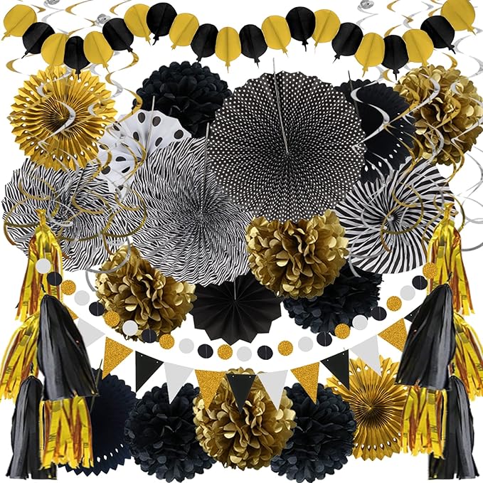 ZERODECO Party Decorations, 41 Pcs Black and Gold Papar Fans Pompoms Garlands String Tissue Paper Tassel for Graduation Congrats Grad New Years Wedding Birthday Party