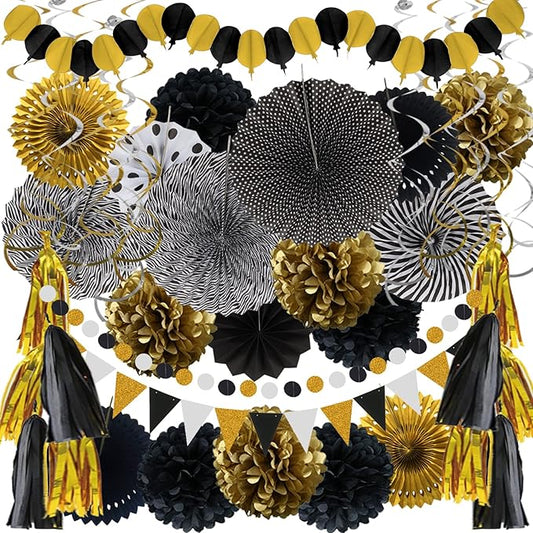 ZERODECO Party Decorations, 41 Pcs Black and Gold Papar Fans Pompoms Garlands String Tissue Paper Tassel for Graduation Congrats Grad New Years Wedding Birthday Party