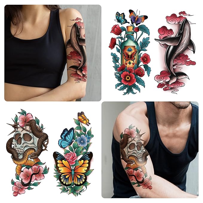 77 Sheets Temporary Tattoo for Women Men, 17 Sheets Half Arm Skull Fox Tiger Cat Parrot Snake Fake Tattoos, 60 Sheets Vintage Traditional Tiny for Adult Kids Body Tattoos Stickers Waterproof Realistic