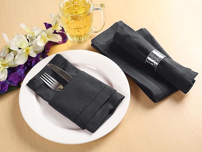 Palisa Cloth Dinner Napkins with Hemstitched Detailing & Mitered Corners Set of 4 (18x18 Inches) Charcoal - Cotton Reusable Dinner Napkins - Perfect for Weddings & Everyday Use