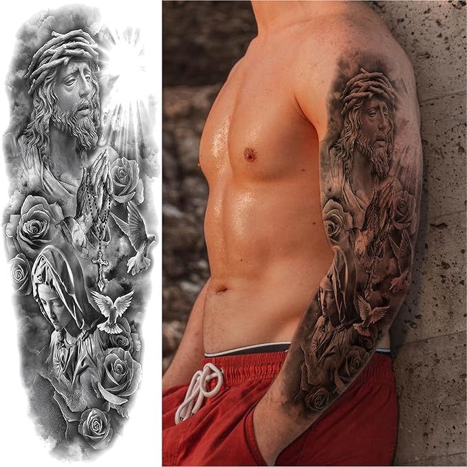 Christian Cross Temporary Tattoo Sleeve for Men, 4-Sheet Full Arm Large Religious God Jesus Fake Tattoo Sleeve Women Adult and 4-Sheet Realistic Lion Cross Christ Pray Half Temp Tatoo Sticker Leg Body