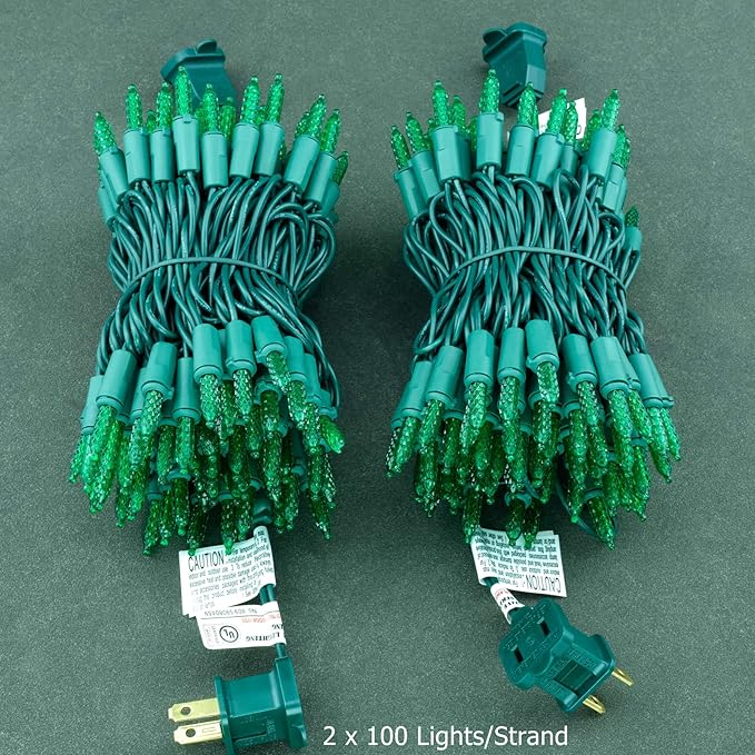 YULETIME Green Faceted LED Christmas Lights 200 Count 50 ft, Pack of 2 Strands 25 ft 100 Lights UL Certified Commercial Grade Green Wire Holiday String Light Set (Green)