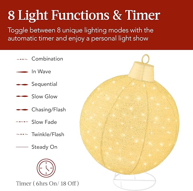 Best Choice Products 2pc Lighted Pop-Up Outdoor Christmas Ornament Set, Holiday Ball Decoration w/ 180 LED Lights, 8 Light Functions - Gold/White