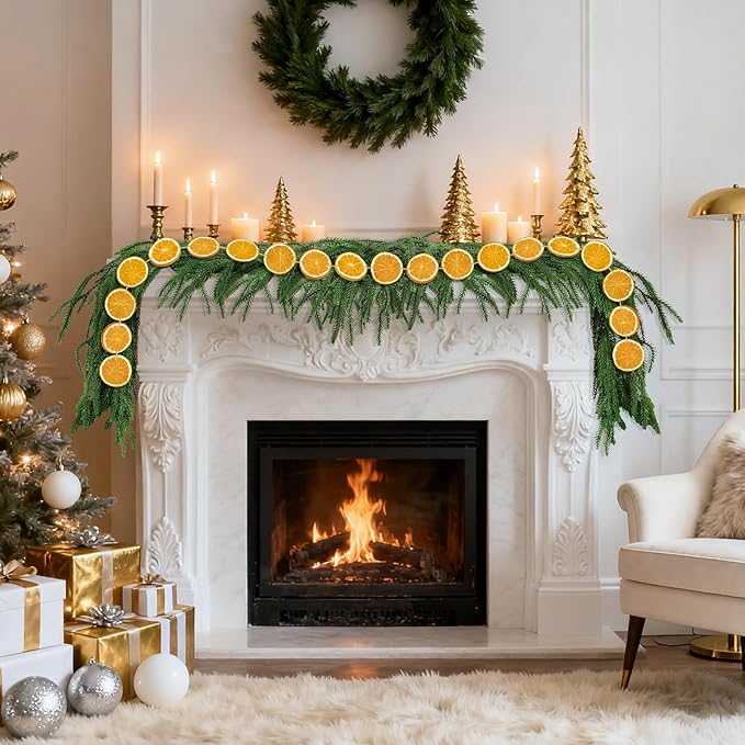 Christmas Garlands Set-6ft Norfolk Pine Garland with Dried Orange Slice,Real Touch Winter Pine Garland Green Artificial Greenery for Christmas Table Fireplace Mantle Xmas Holiday Decoration
