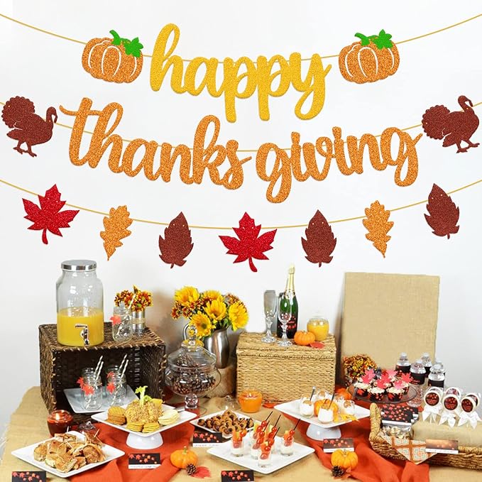 Happy Thanks Giving Banner Fall Leaves Garland Thanksgiving Day Autumn Turkey Theme for Happy Thanksgiving Party Glitter Gold Decoration