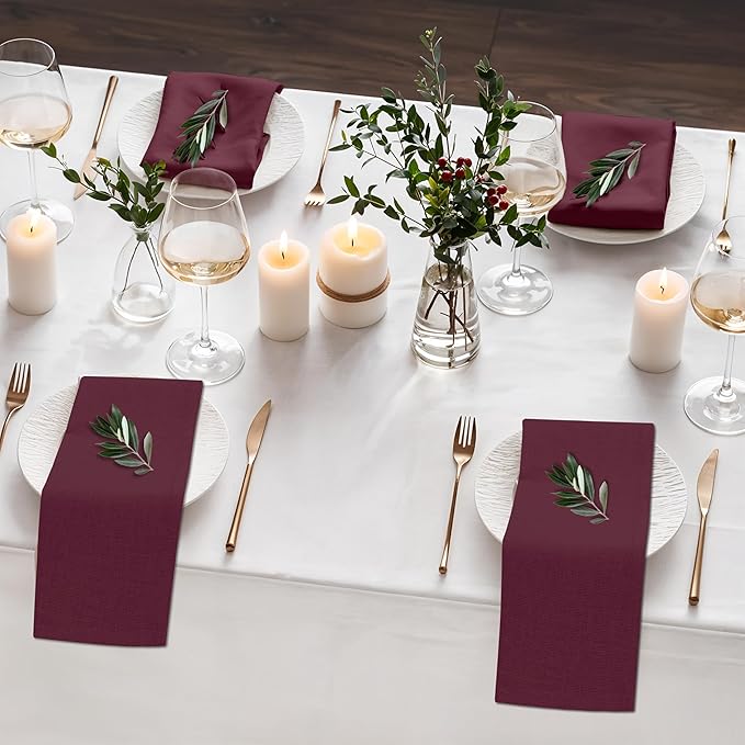 Ruvanti Linen Napkins Set of 12, 18x18 Cloth Napkins, Cotton Linen Blend Napkins Cloth Washable, Soft, Reusable Dinner Napkins for Wedding, Parties, Christmas, Thanksgiving, Everyday Use - Burgundy