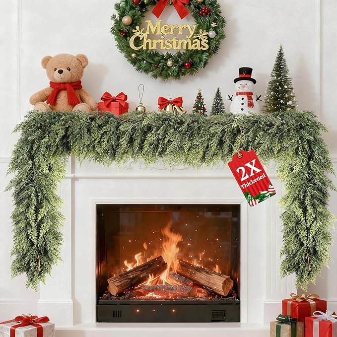 Upgraded 2X Thickened Lush Full Realistic Appearance 6FT Christmas Garland Non-Break Premium Quality Pine Garland for Mantle, Fireplace, Stairs, Indoor & Outdoor Christmas Decorations (1Pcs)