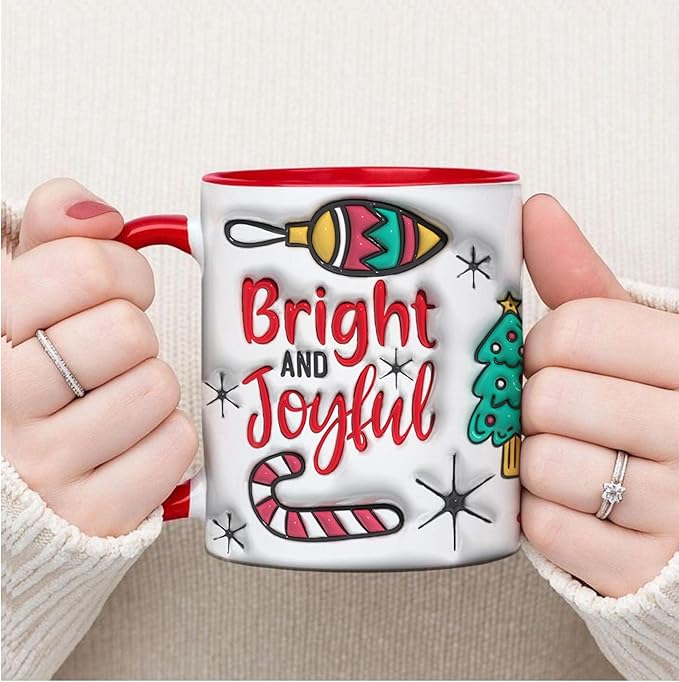Bright And Joyful Christmas Inflated 3D Wrap Mugs, Two-Tone Accent Ceramic Coffee Drinking Cups, 11oz 15oz