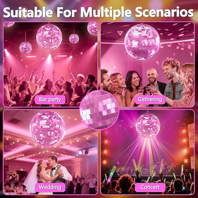 12"/16"/20" Mirror Disco Ball with Hanging Ring, for DJ Club, Party,Live Stage for Easy Installation, Disco Ball Mirror Balls Light Effect Mirrors Balls with Hanging Ring(Golden, Pink) 20Inch Pink