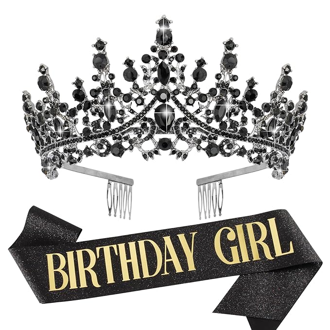 Velscrun Black Crystal Birthday Tiara Crowns for Women Girls Princess Crown with Combs Birthday Girl Headband Sash Happy Birth Party Decorations Birth Gift Cake Topper Hair Accessories