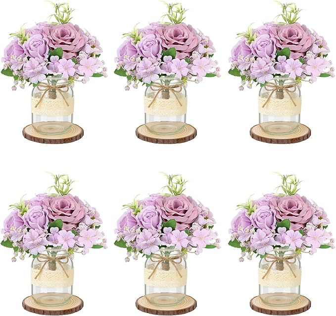 Set 6 Mason Jar Table Centerpiece - Wedding Centerpieces for Tables, Mason Jar Flower Centerpiece Vases Decor- Boho Farmhouse Rustic for Engagement, Bridal Shower, Wedding, Versatile Decor (Purple)