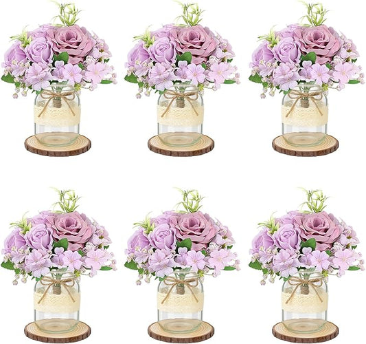 Set 6 Mason Jar Table Centerpiece - Wedding Centerpieces for Tables, Mason Jar Flower Centerpiece Vases Decor- Boho Farmhouse Rustic for Engagement, Bridal Shower, Wedding, Versatile Decor (Purple)