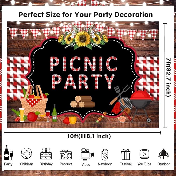 Sensfun Picnic Party Backdrop Wooden Gingham Red White BBQ Birthday Baby Shower Photography Background Sunflower Summer Outdoor Barbecue Party Decorations Banner Photo Booth Props 10x7ft