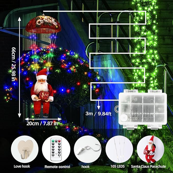 Christmas Decorations Santa Claus Lights,LED Parachute Lights,3AA Battery Box Christmas Decor Window Lights Outdoor, Hanging Xmas Lights, Holiday Indoor Porch Garden Party (Colorful LED)