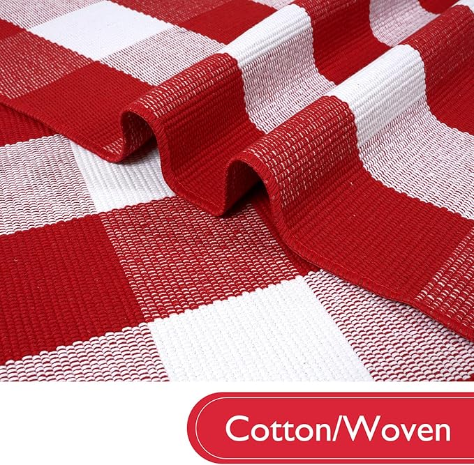 KIMODE Christmas Buffalo Plaid Outdoor Rug 24"x51", Red and White Porch Rug, Washable Reversible Outdoor Christmas Decor, Farmhouse Door Mats Outside for Front Porch Entryway Kitchen Bedroom