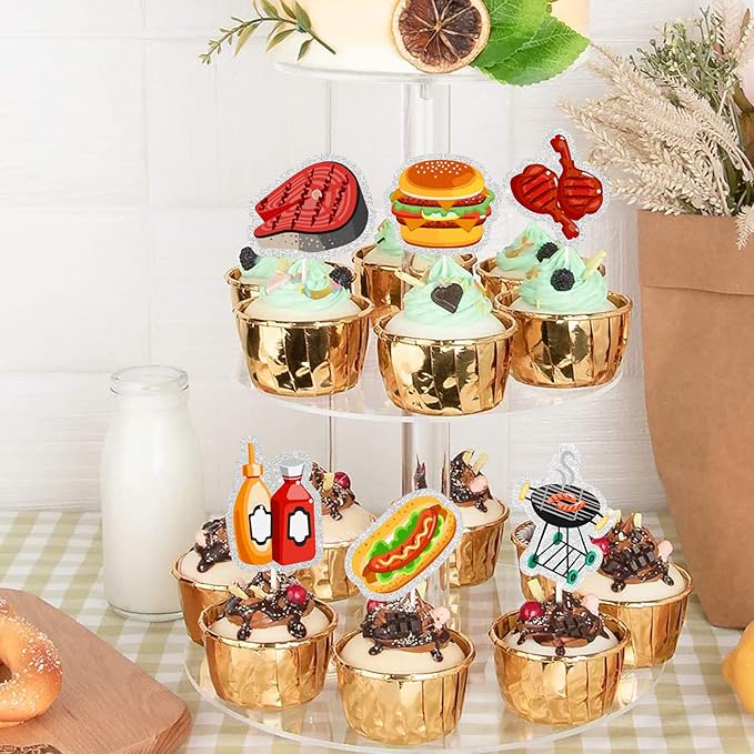 18Pcs BBQ Theme Cupcake Toppers - BBQ Time Summer Cupcake Decorations - Grilling Barbeque Burgers - Friends Family Activity Gathering Holiday Party Decorations
